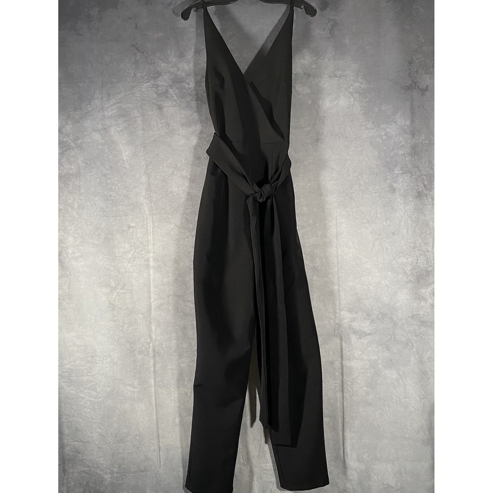 ASOS V-Neck Jumpsuit Women Size 2 Black Classy Sleeveless Belted Zip Up